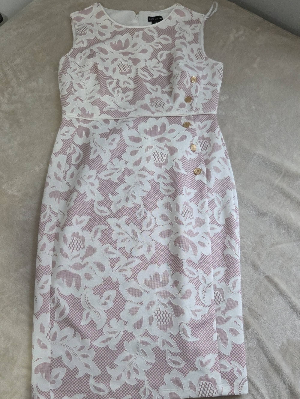 Sleeveless Blush Pink Lace-Overlay Midi Dress with Gold Buttons